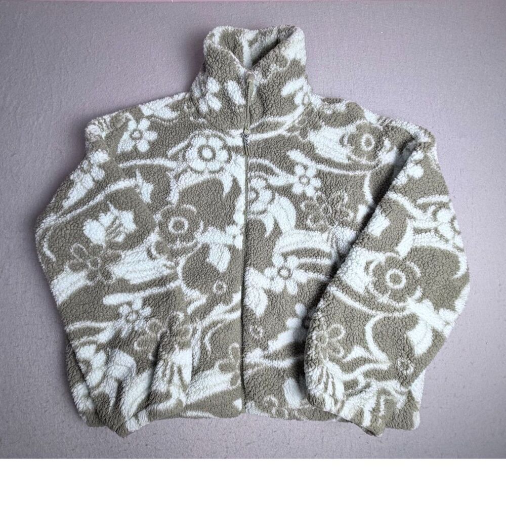 AE American Eagle Oversized Moss Green Floral Print Indie Full Zip Fluffy L/XL